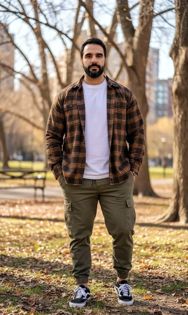 1. Brown Plaid Flannel With Olive Cargo Joggers