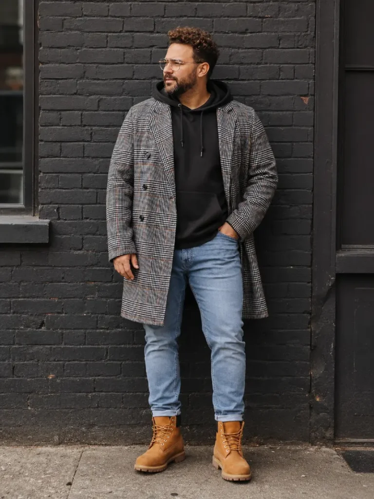10. Black Hoodie With a Plaid Overcoat