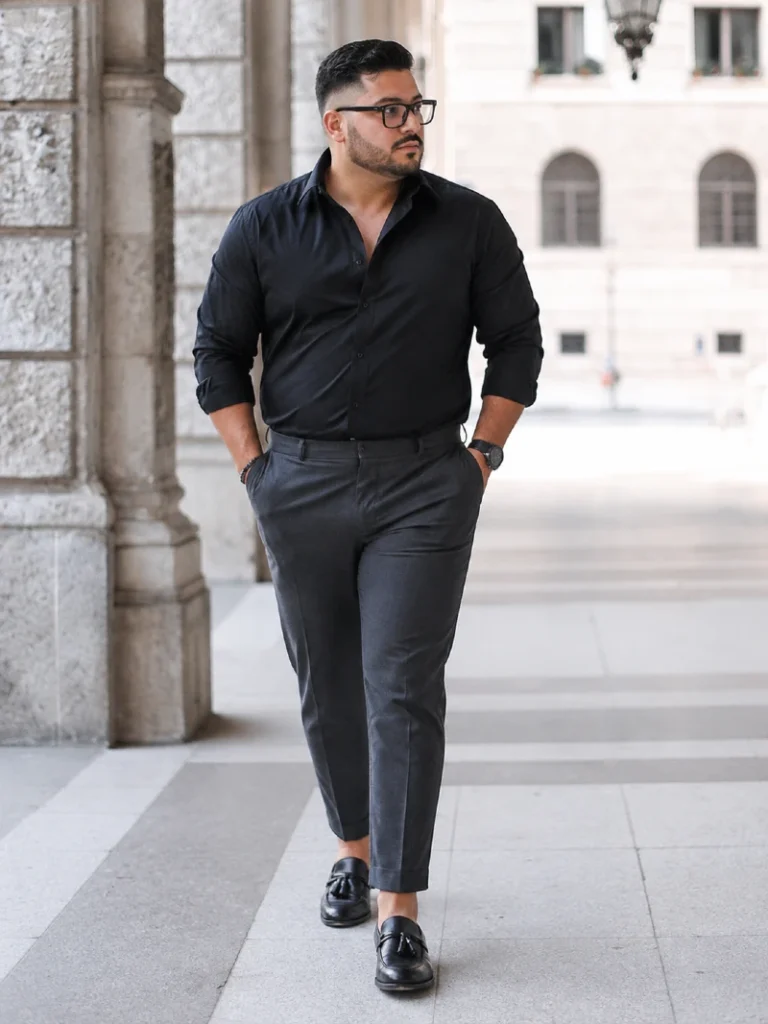 10. Black Shirt with Charcoal Trousers and Tassel Loafers