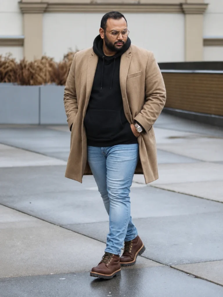 10. Camel Overcoat, Black Hoodie, and Brown Work Boots