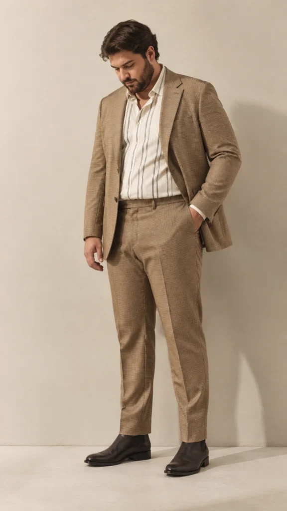 10. Checked Suit With Striped Shirt and Black Chelsea Boots
