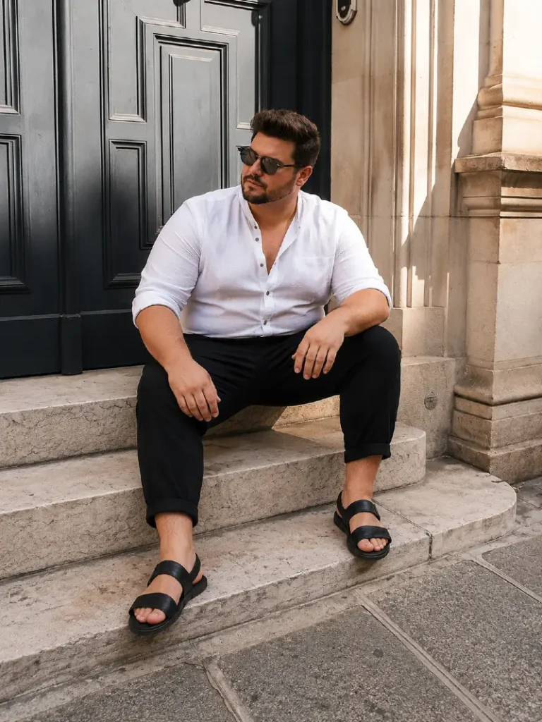 10. White Button Shirt, Black Pants, and Leather Slide Sandals