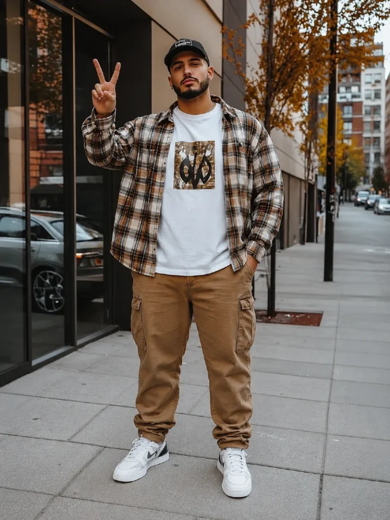 11. Brown Plaid Flannel With Tan Cargo Pants