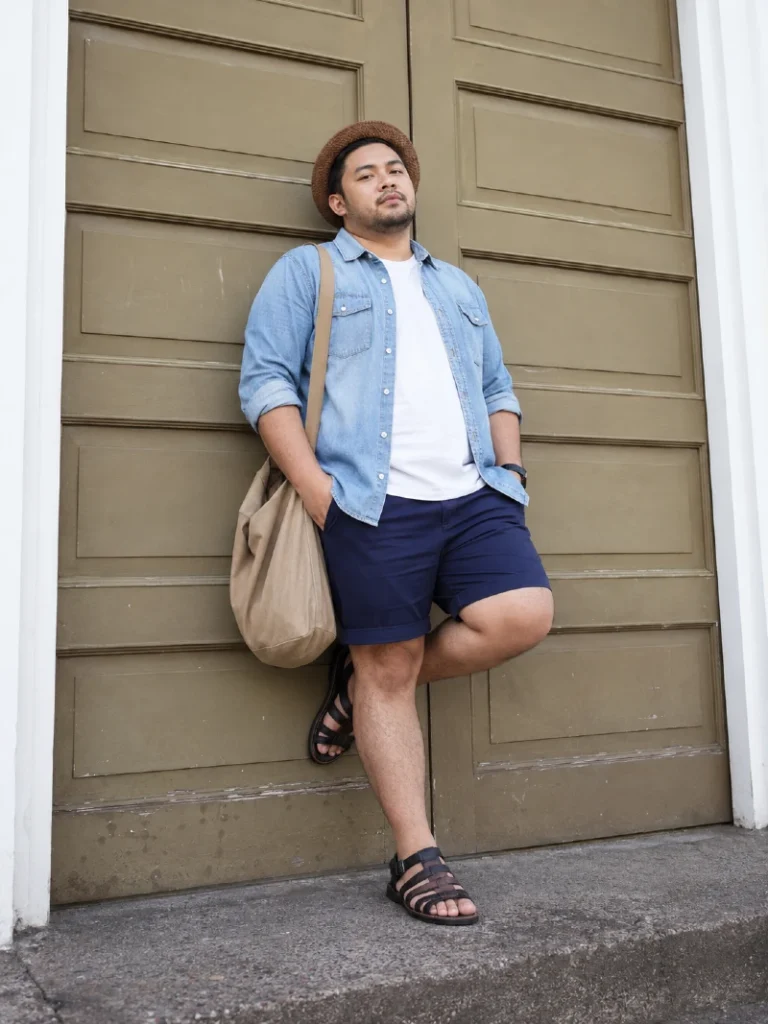 11. Denim Overshirt, Navy Shorts, and Strappy Sandals