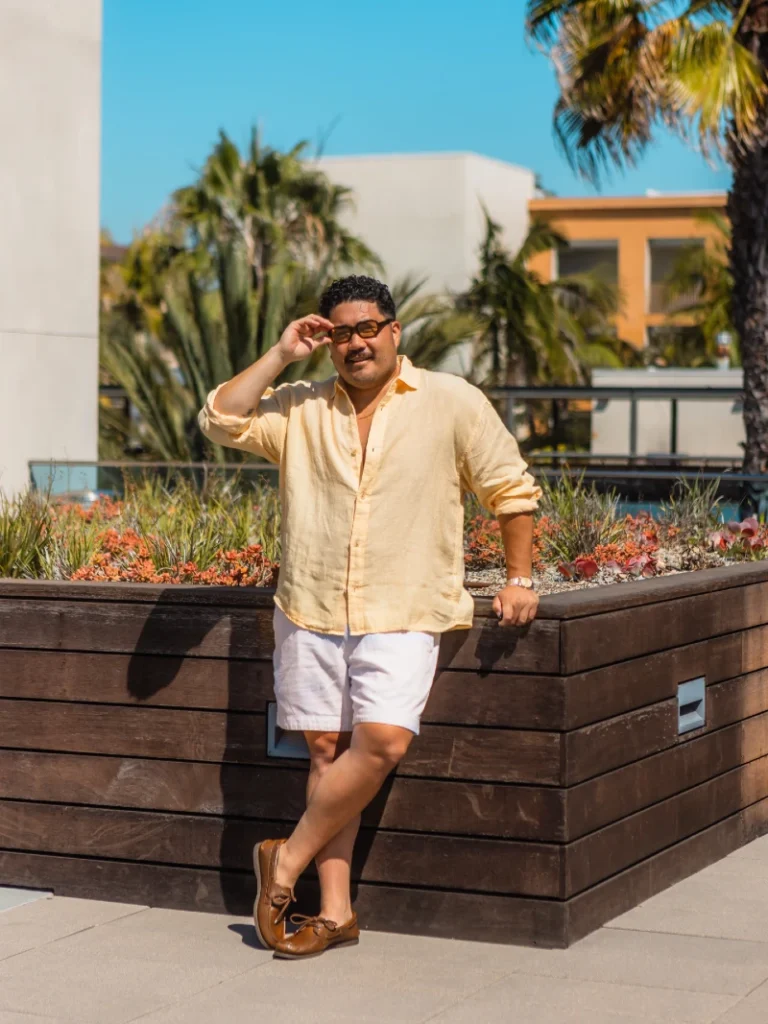 11. Pale Yellow Linen Shirt With White Shorts