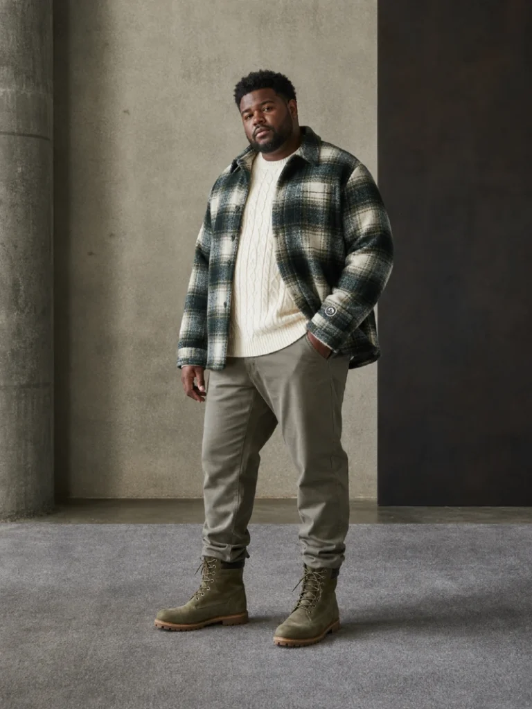 11. Plaid Shirt Jacket, Cable Knit Sweater, and Olive Work Boots