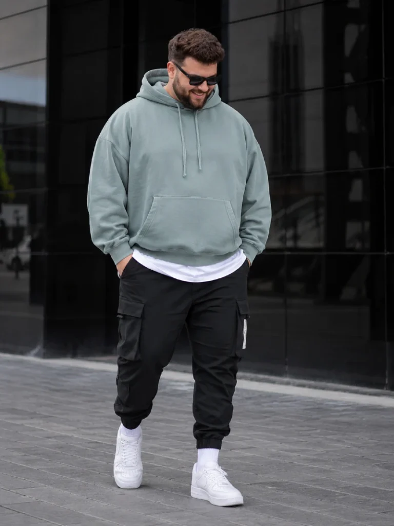 11. Sage Green Hoodie With Black Cargo Joggers