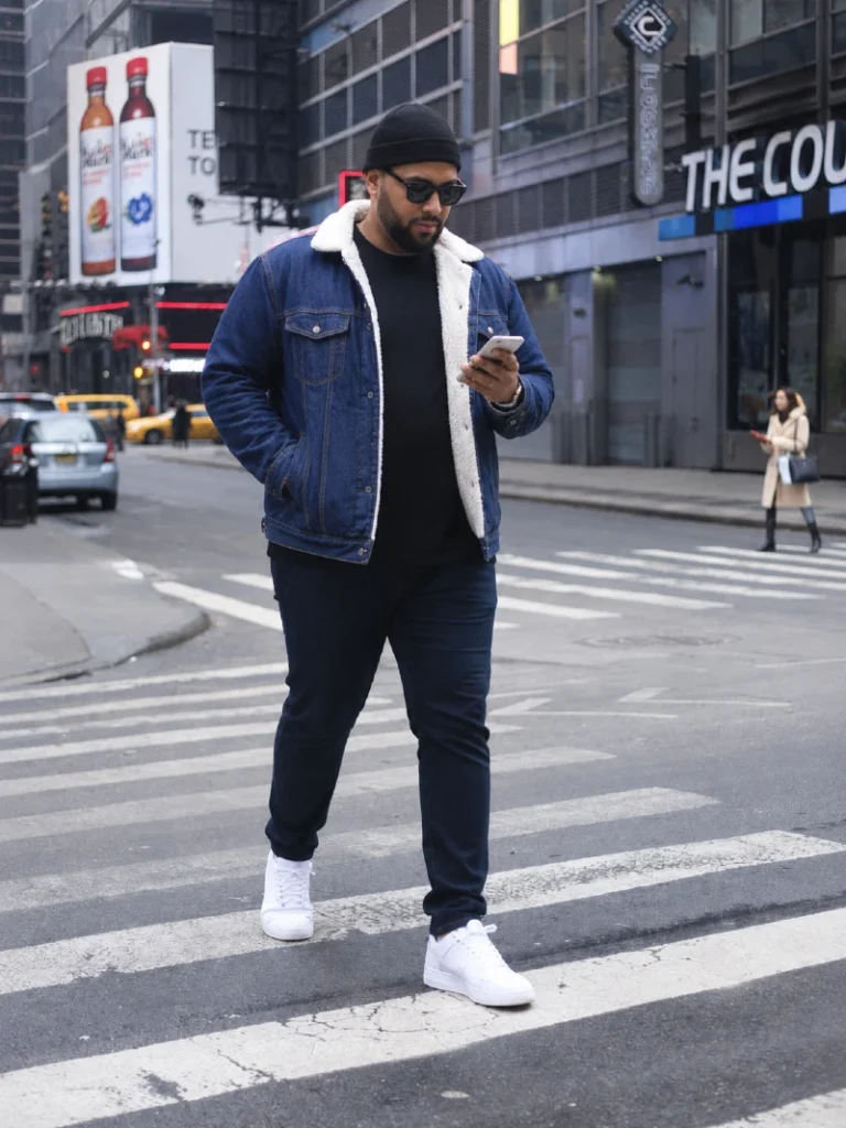 11. Sherpa Denim Jacket With Black Tee and White Sneakers