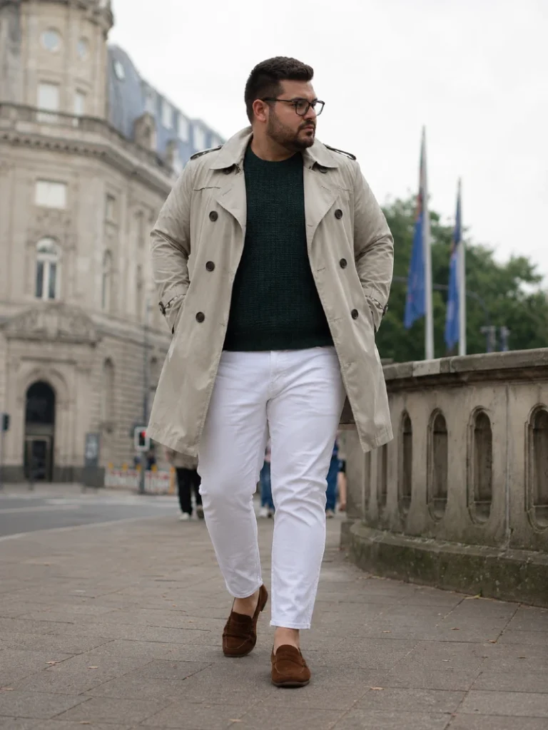 11. Trench Coat with White Pants and Brown Loafers