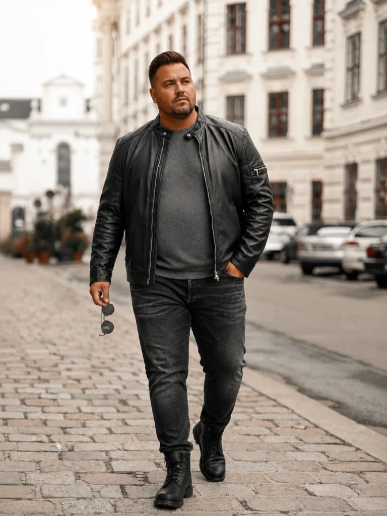 12. Café Racer Jacket With Gray Knit and Black Boots