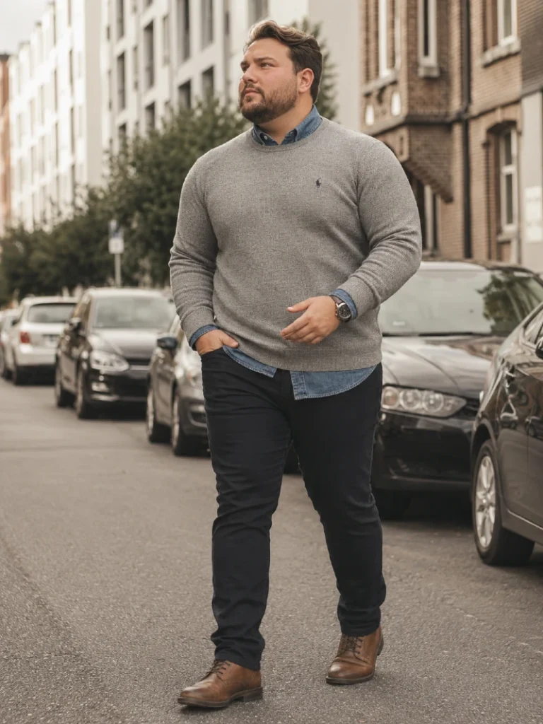 12. Gray Crewneck Sweater Over a Denim Shirt