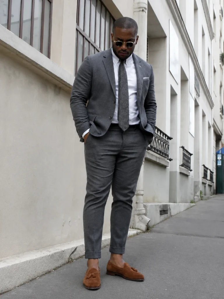 12. Gray Suit with Tan Tassel Loafers