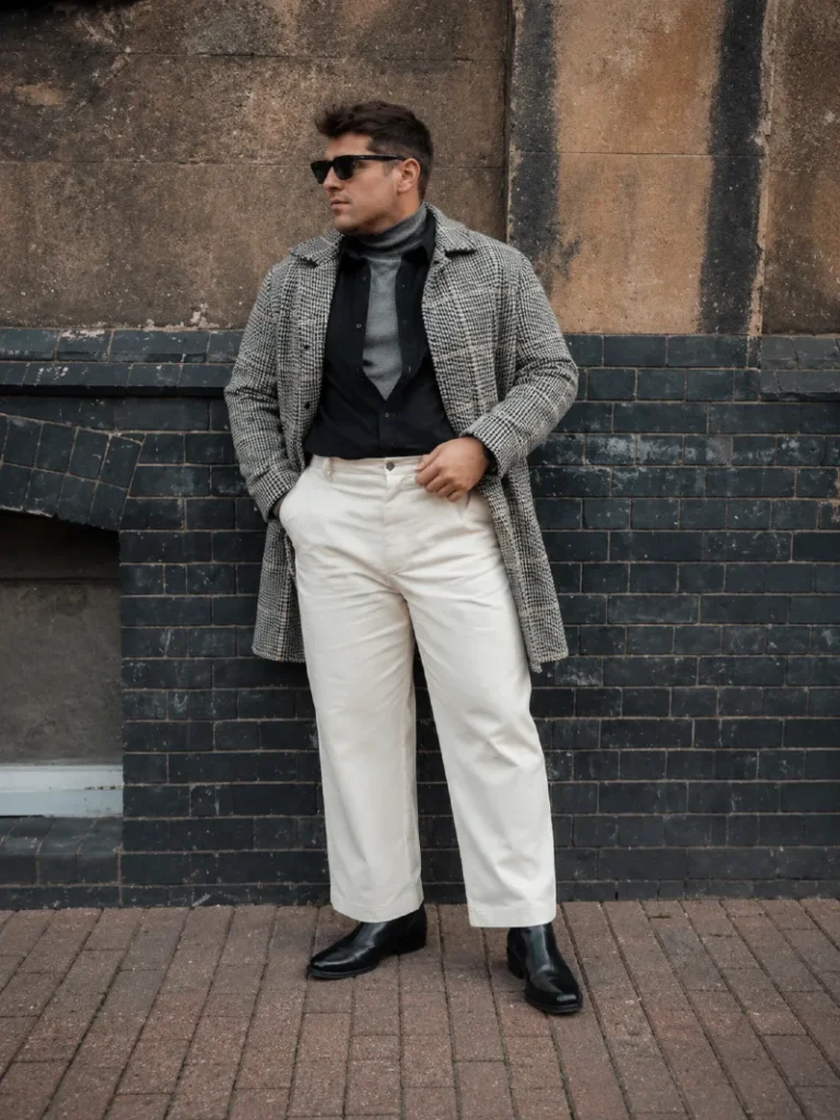 12. Houndstooth Coat With White Trousers and Black Chelsea Boots