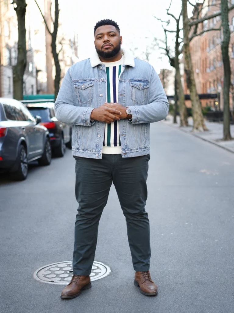 12. Light Sherpa Denim Jacket With Striped Sweater