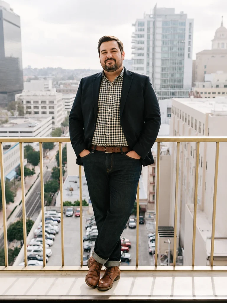 12. Navy Blazer, Gingham Shirt, and Brown Work Boots
