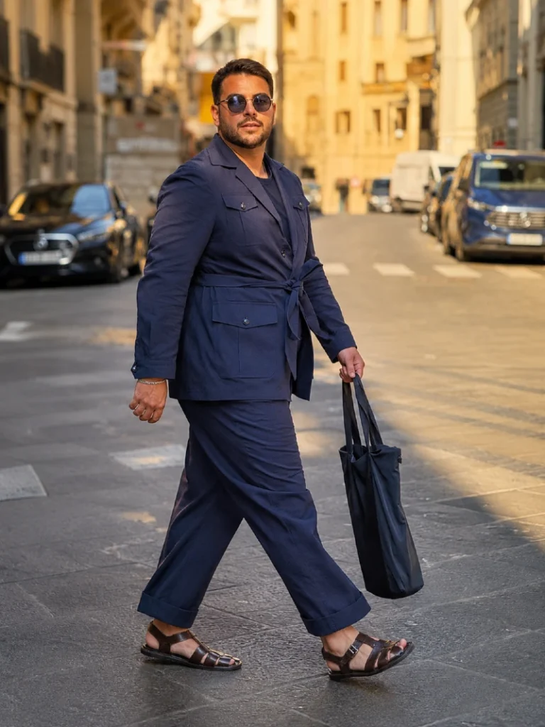 12. Navy Utility Suit, Dark Tee, and Brown Fisherman Sandals