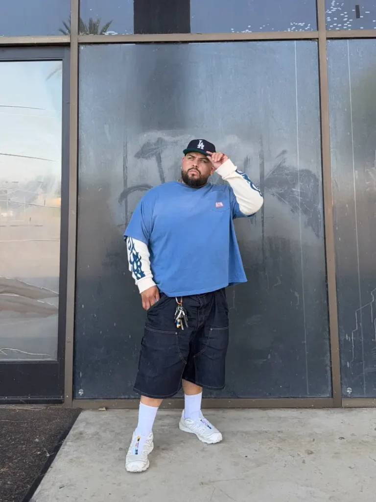12. Oversized Blue Tee With Layered Denim Jorts