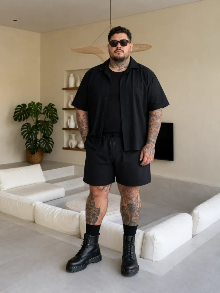 13. All-Black Camp Shirt, Shorts, and Chunky Work Boots