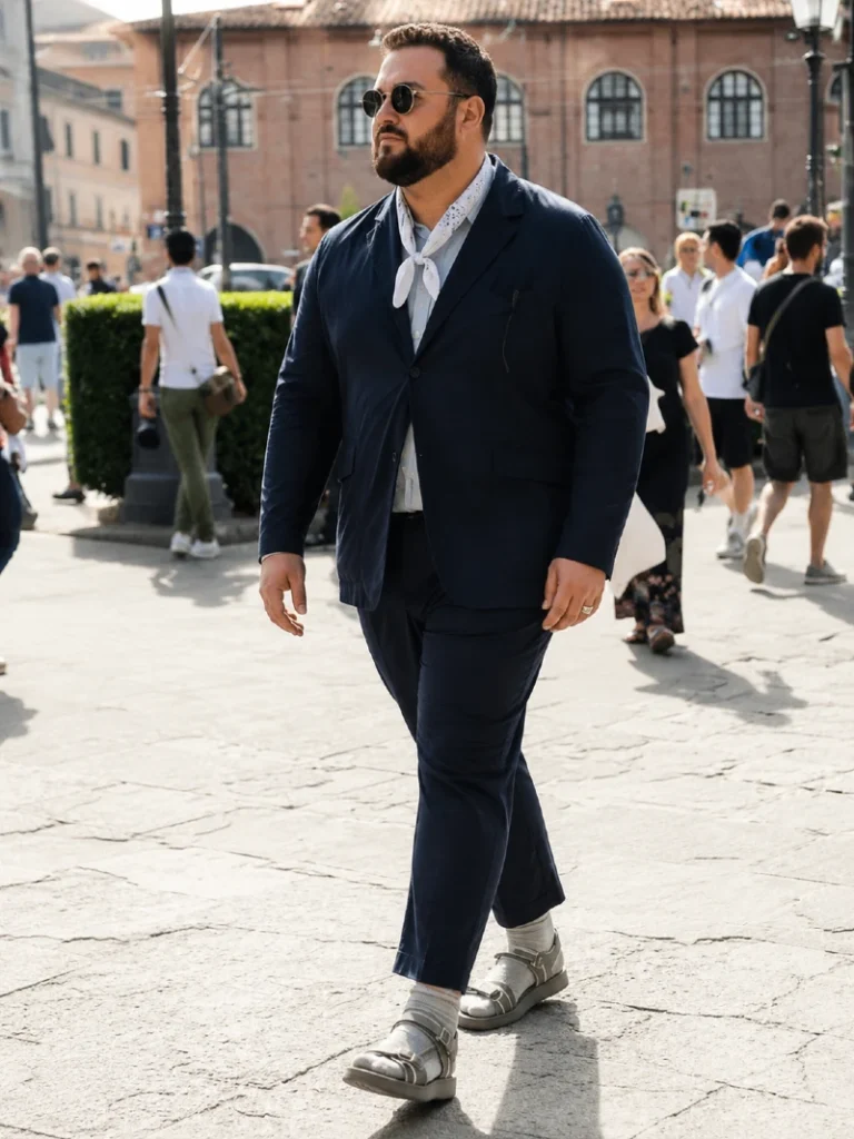 13. Belted Navy Jacket, Wide Pants, and Brown Leather Sandals