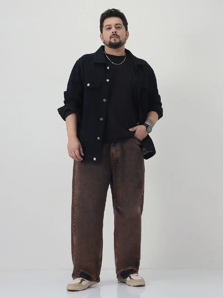 13. Black Overshirt With Brown Wide-Leg Jeans