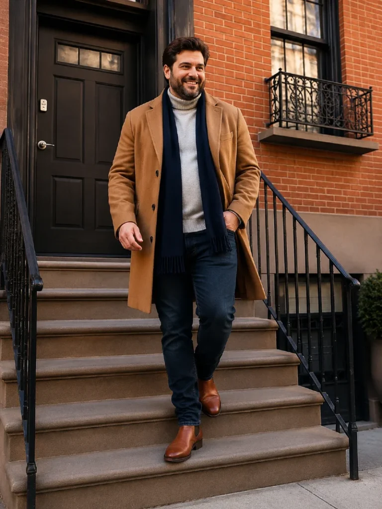13. Camel Coat With Navy Scarf and Brown Chelsea Boots
