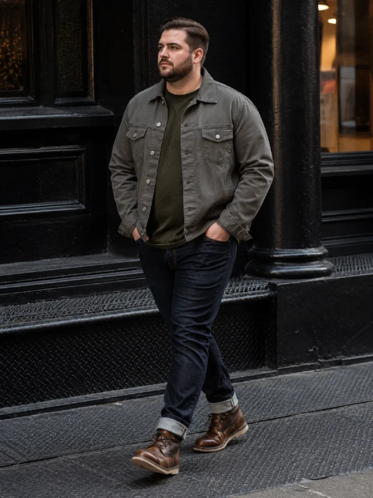 13. Gray Trucker Jacket, Olive Tee, and Brown Work Boots