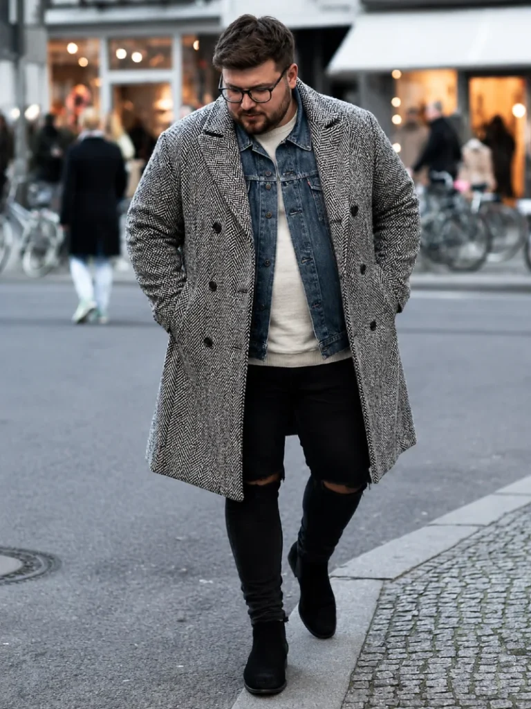 13. Herringbone Overcoat With Denim Jacket Layer