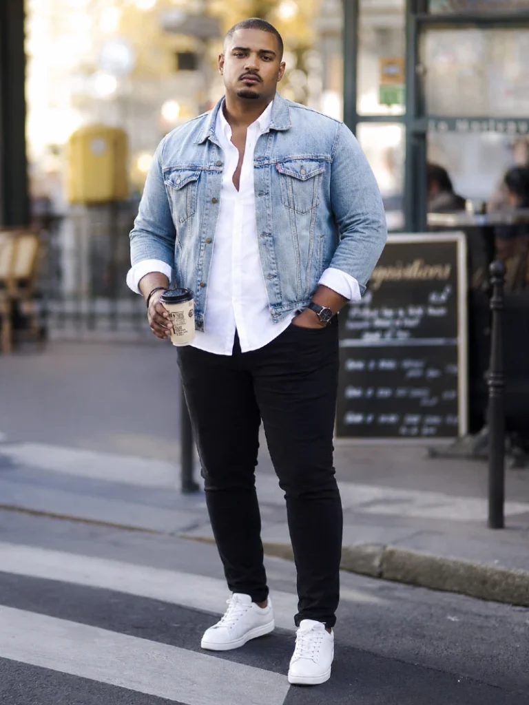 13. Light Denim Jacket With White Shirt and Black Jeans