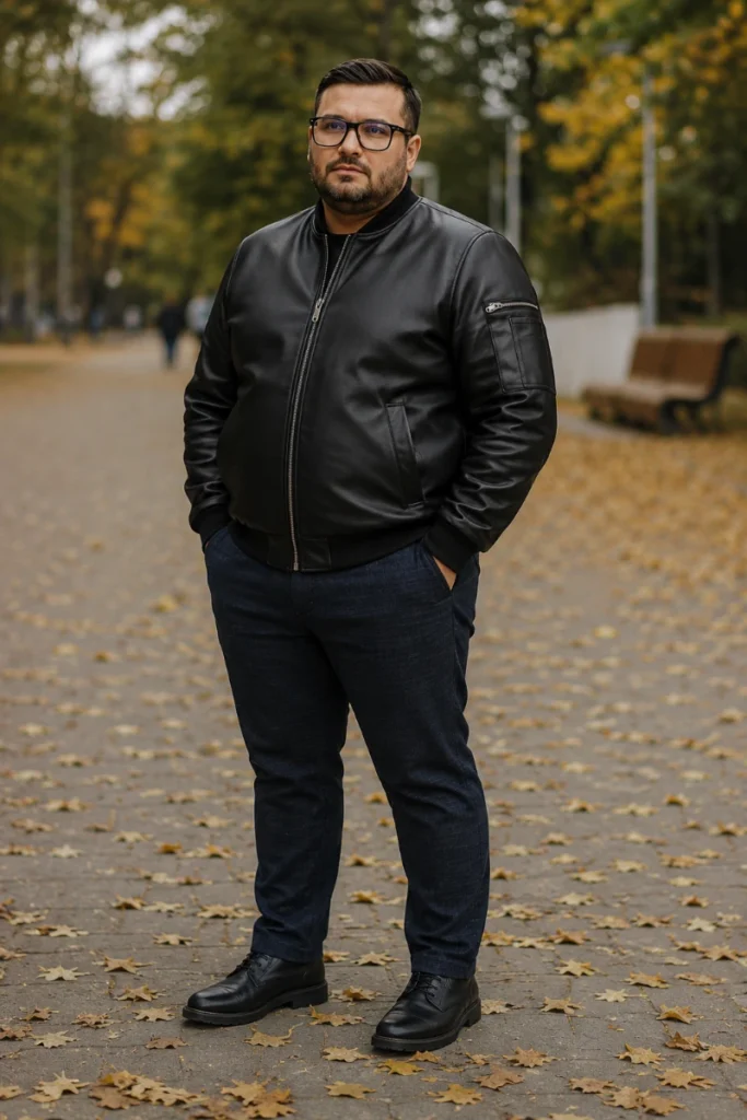 13. Minimal Leather Bomber With Dark Trousers and Dress Boots