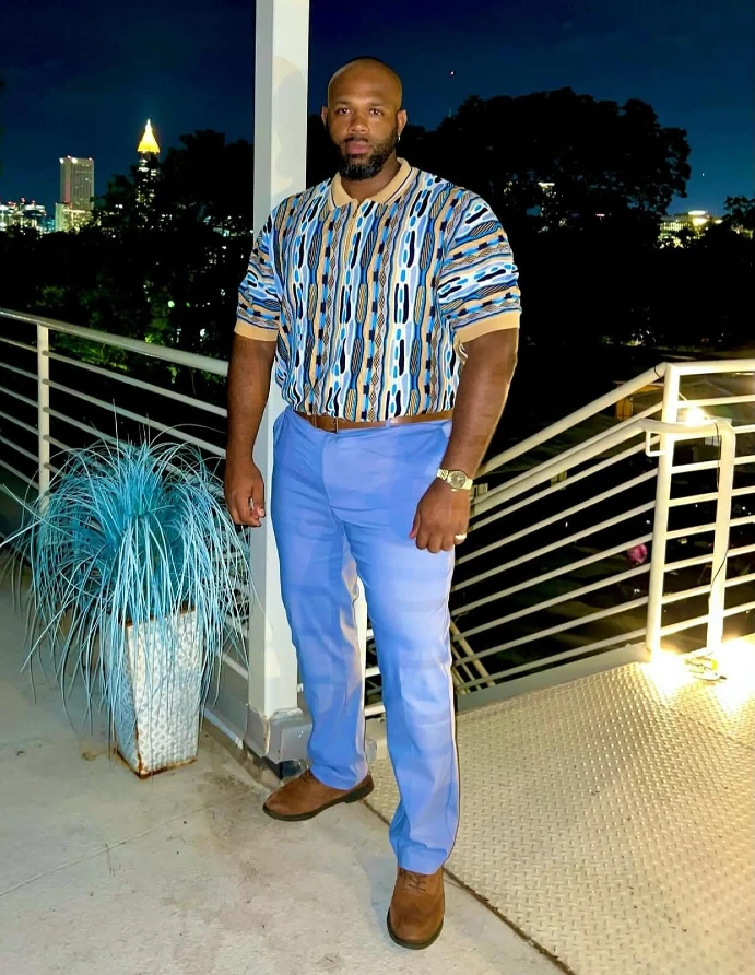 13. Patterned Polo With Light Blue Trousers