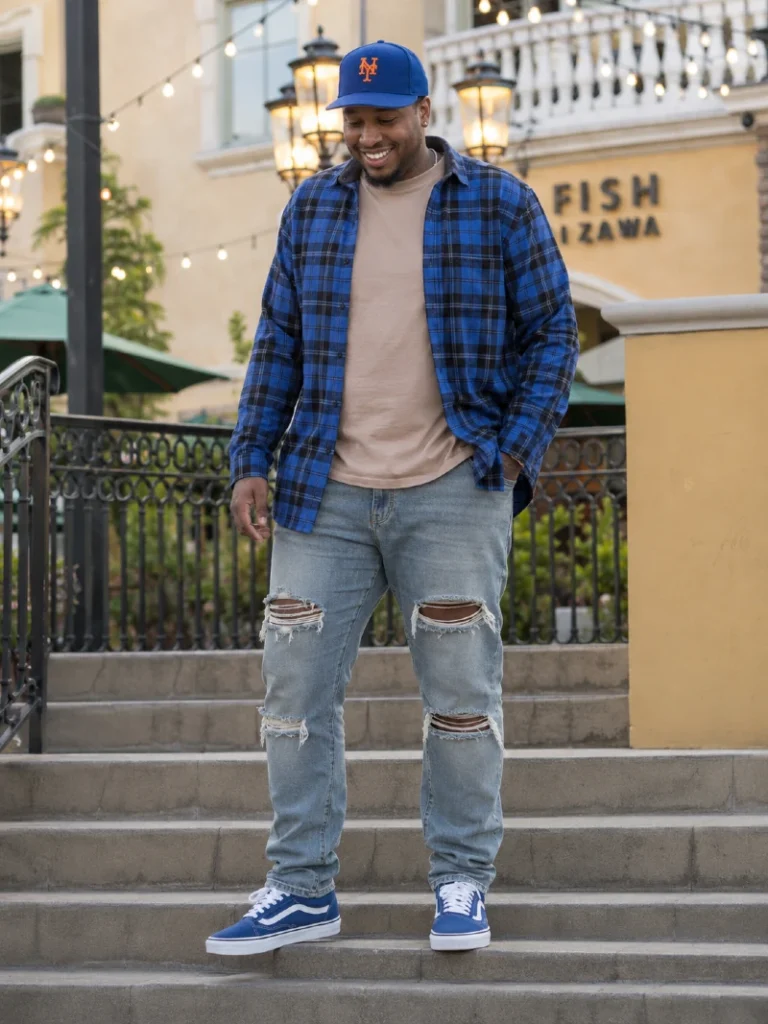 13. Royal Blue Plaid Flannel With Ripped Jeans