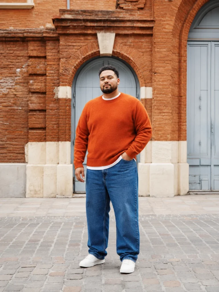 13. Rust Crewneck Sweater With Relaxed Blue Jeans