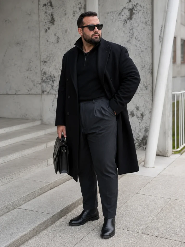 14. Black Overcoat With Pleated Trousers and Briefcase