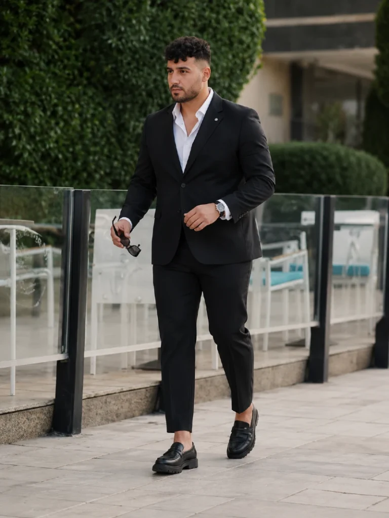 14. Black Suit with Chunky Loafers