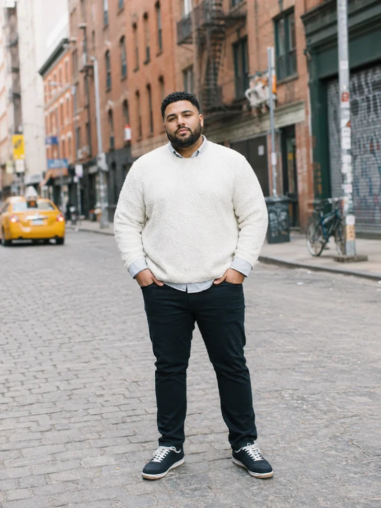 14. Cream Textured Sweater With Dark Pants