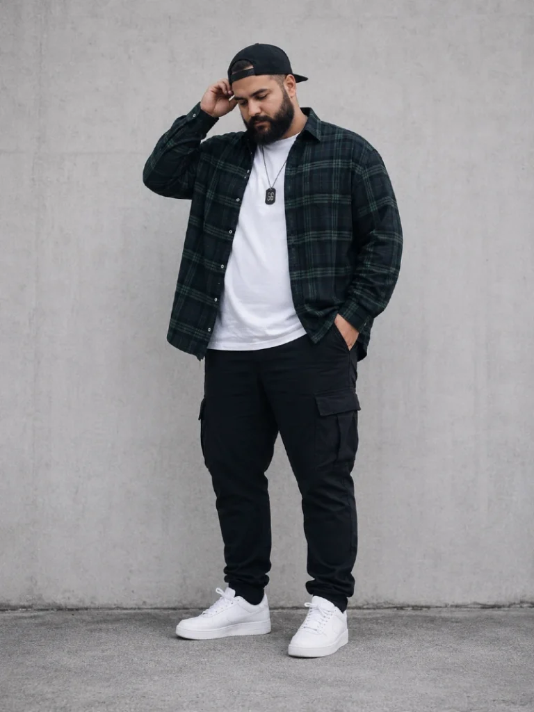 14. Dark Green Plaid Flannel With Black Cargo Pants