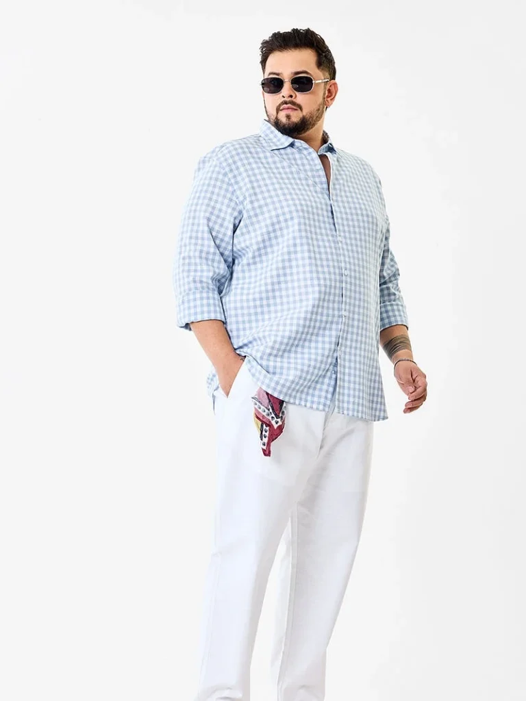 14. Light Blue Gingham Shirt With White Wide Pants