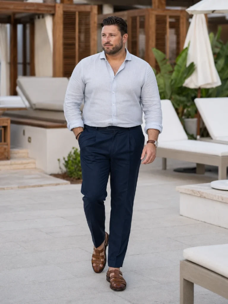 14. Linen Shirt, Navy Trousers, and Brown Fisherman Sandals