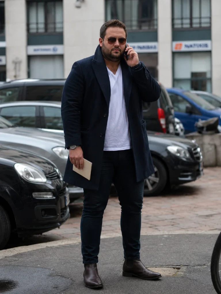 14. Navy Overcoat With White Tee and Brown Chelsea Boots