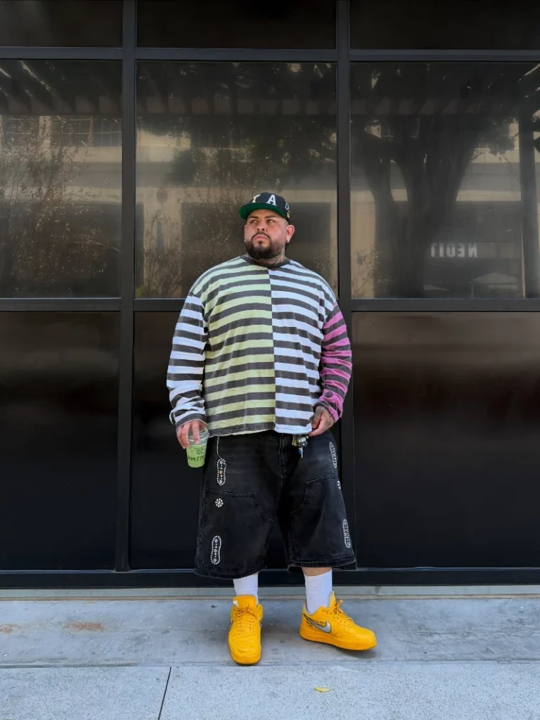 14. Patchwork Striped Tee With Yellow Sneakers