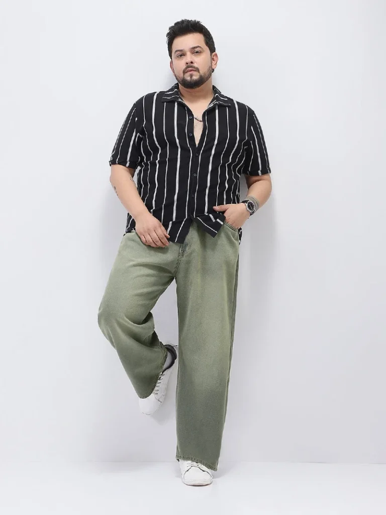 14. Striped Camp Shirt With Sage Wide-Leg Pants