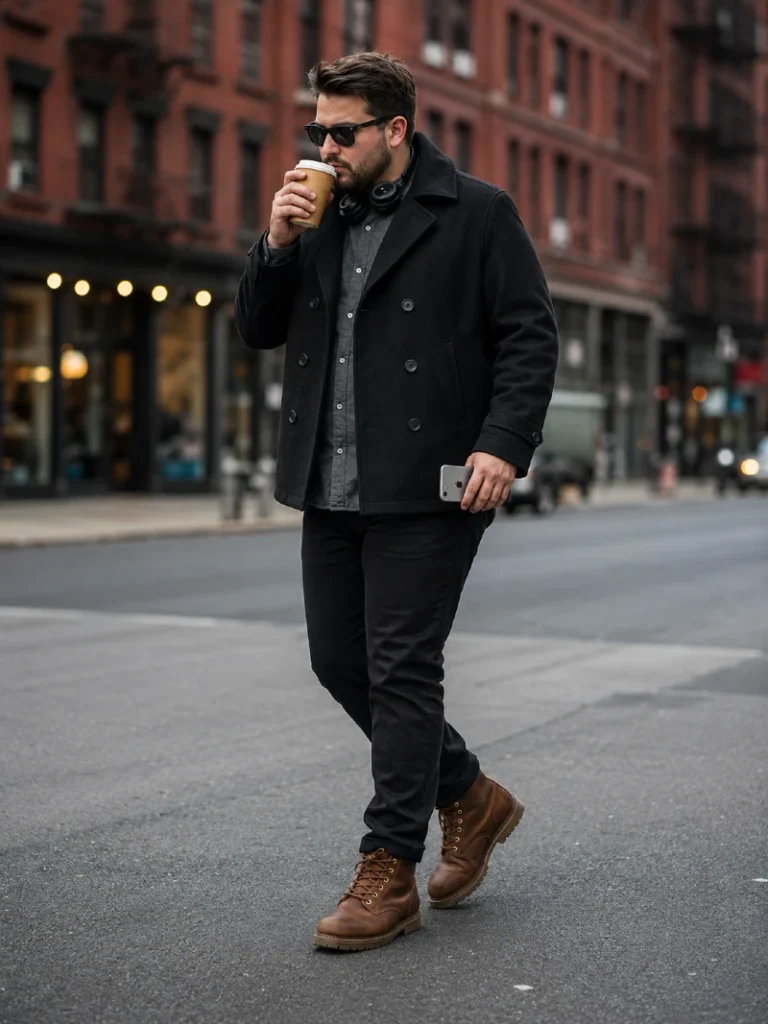 15. Black Peacoat, Gray Shirt, and Brown Work Boots