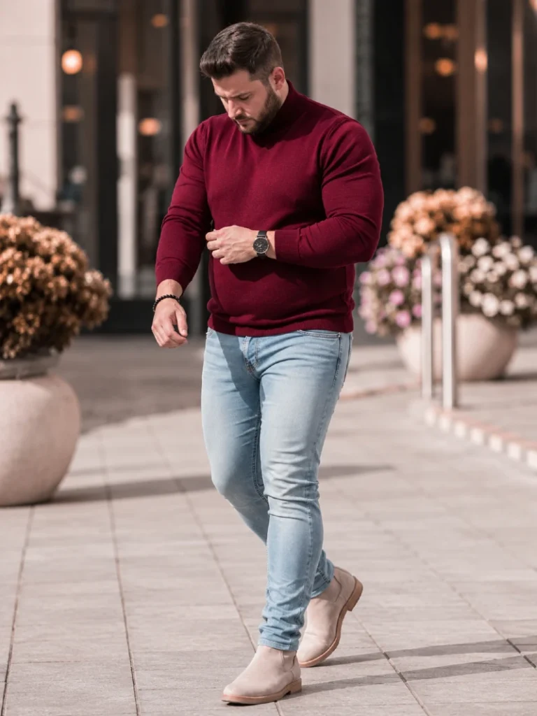 15. Burgundy Turtleneck Sweater With Light Wash Jeans
