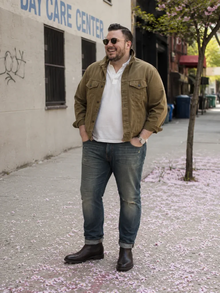 15. Olive Jacket With White Polo and Brown Chelsea Boots