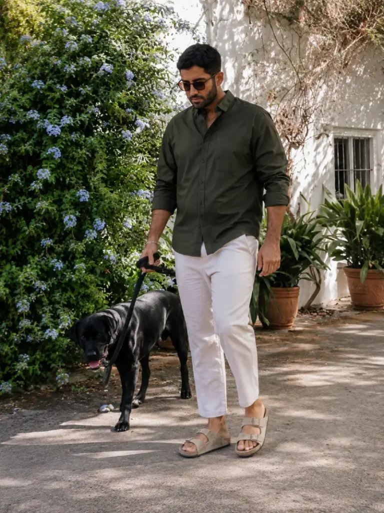 15. Olive Shirt, White Pants, and Beige Slide Sandals