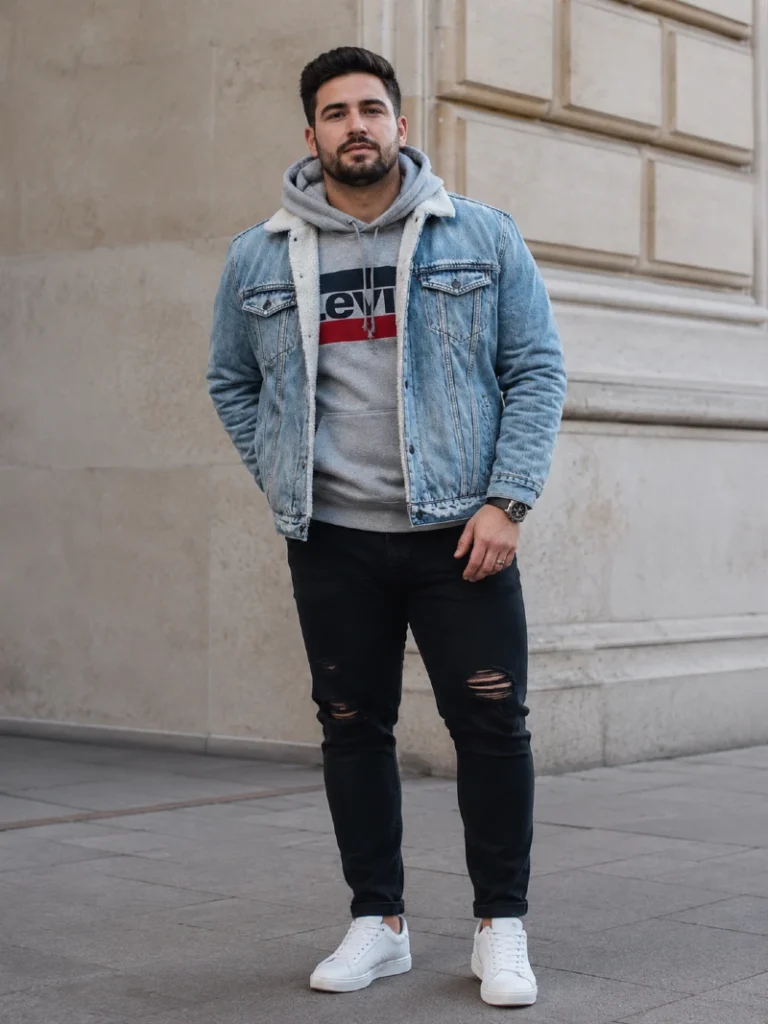 15. Sherpa Denim Jacket With Logo Hoodie and Black Jeans