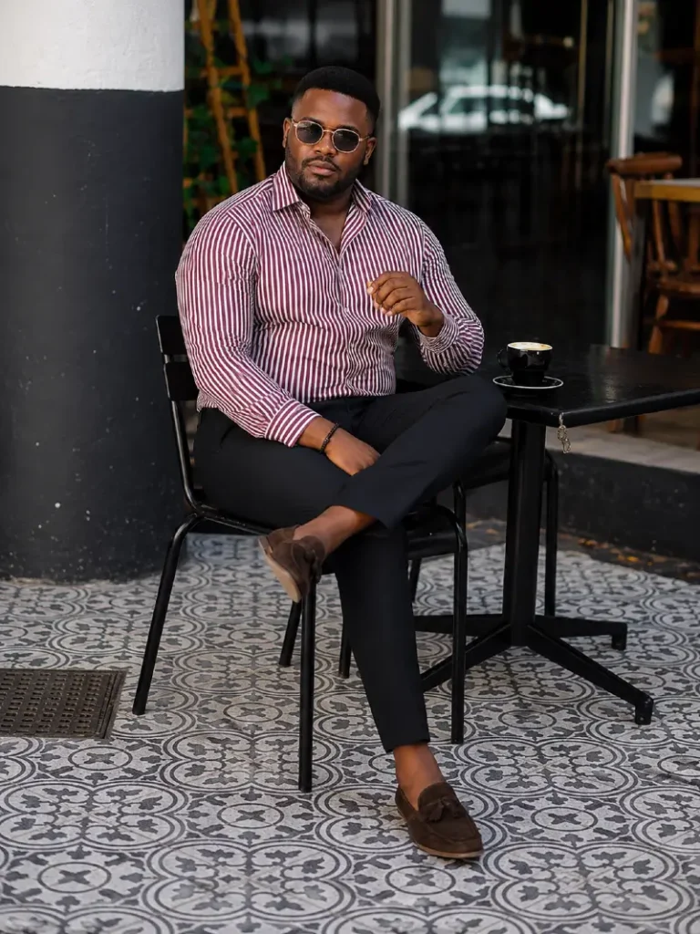 15. Striped Shirt with Black Trousers and Brown Loafers