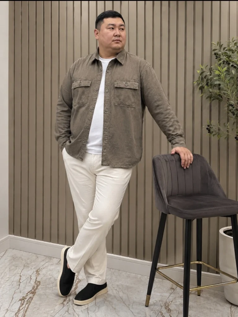 15. Taupe Overshirt With White Pants