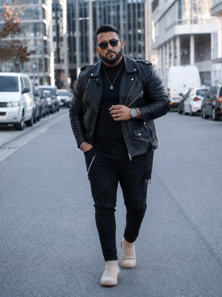 16. All-Black Moto Jacket With Beige Chelsea Boots