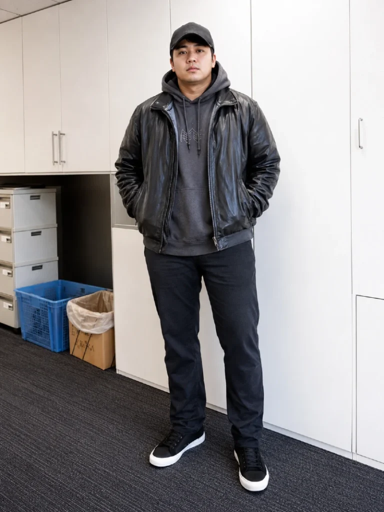 16. Black Leather Jacket With a Charcoal Hoodie